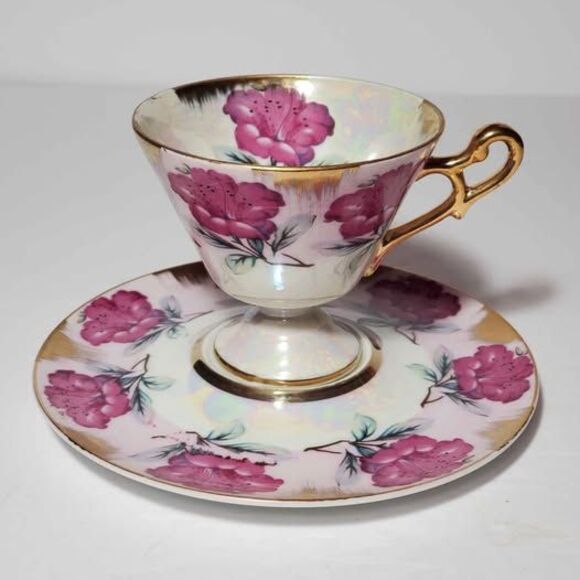 Pink Flowers Teacup and Saucer Opalescent Vintage - Picture 1 of 8
